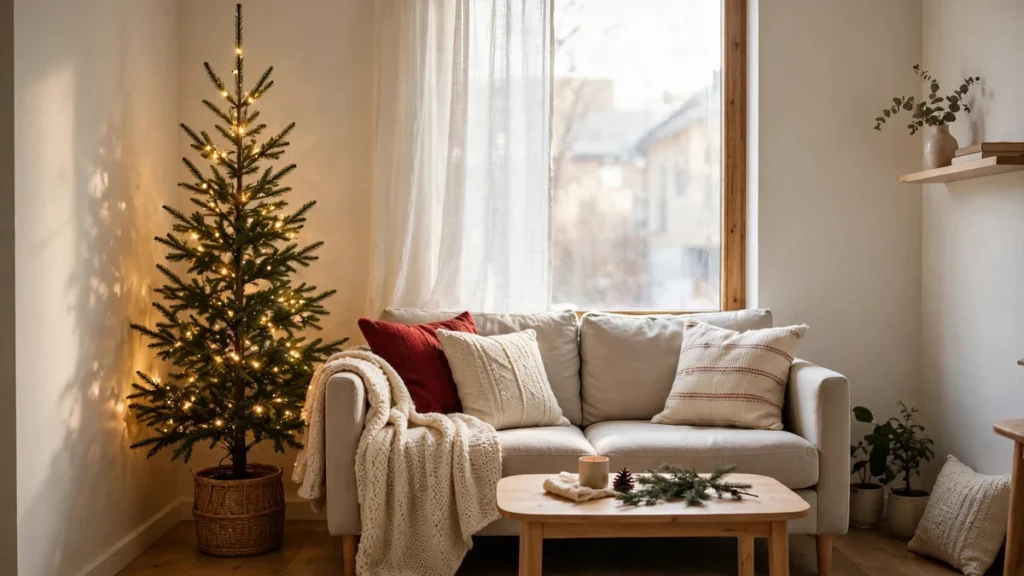 Small apartment Christmas decor ideas with a slim lit Christmas tree in a basket in a small living room corner
