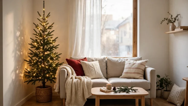 Small apartment Christmas decor ideas with a slim lit Christmas tree in a basket in a small living room corner