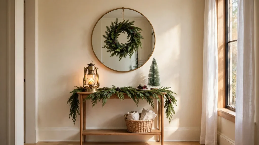 Christmas Entryway Decor Ideas for Small Spaces 1 Christmas entryway decor ideas in a small entryway with a slim console table, round mirror, wreath, brass lantern and cedar garland