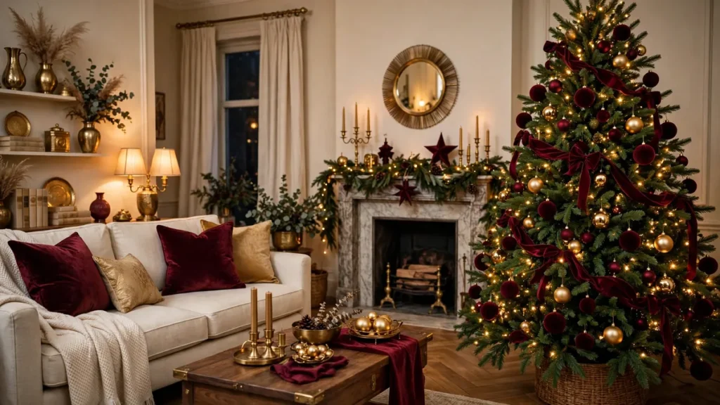 Burgundy christmas decor ideas in a living room with a burgundy and gold Christmas tree, velvet cushions and a fireplace