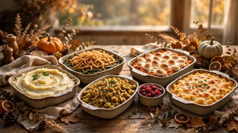A wide Thanksgiving table filled with make ahead thanksgiving side dishes, mashed potatoes, casseroles, stuffing and cranberry sauce