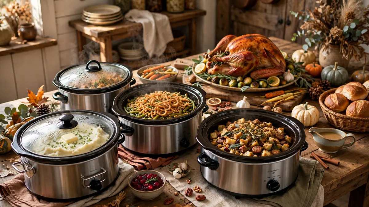 Four slow cookers filled with slow cooker thanksgiving side dishes on a rustic Thanksgiving table