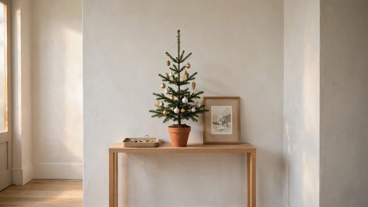 Christmas Entryway Decor Ideas for Small Spaces 10 Slim tabletop Christmas tree in a pot on a narrow entryway console table with simple ornaments