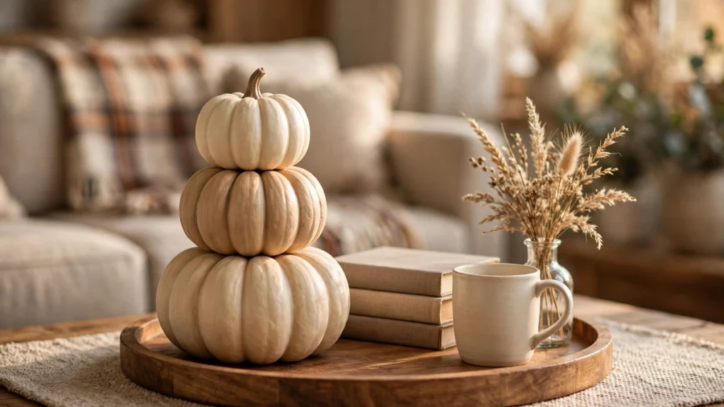 5 Dollar Tree Stacking Pumpkins Ideas for Beautiful Fall Decor 10 Neutral dollar tree stacking pumpkins tower on a wooden tray styled as a fall coffee table centerpiece