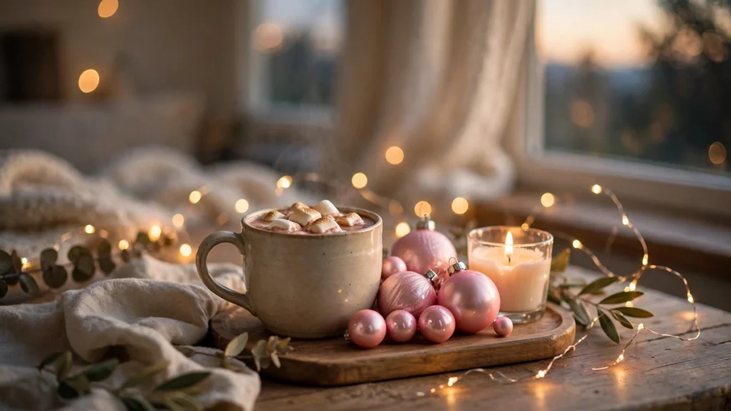 Pink Christmas Decor Ideas for a Soft, Elegant Holiday Home 10 Cozy hot chocolate vignette with pink marshmallows, candy canes and a mug of cocoa at Christmas