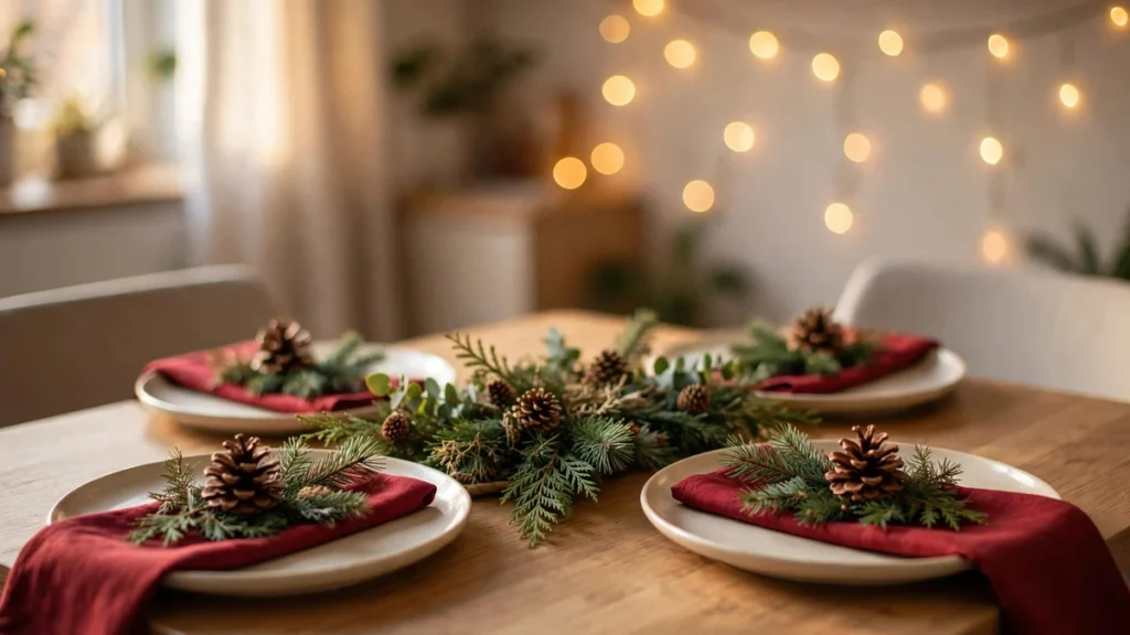 Compact Christmas dining table setting for a small apartment with a runner, pinecones and candles