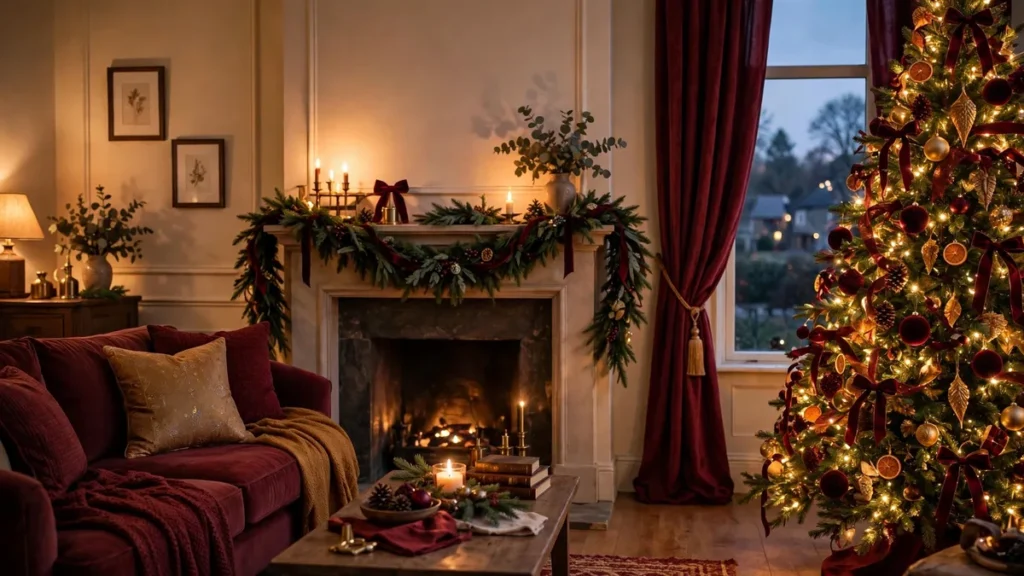 Dusk scene with a glowing Christmas tree and candlelit mantel in burgundy tones