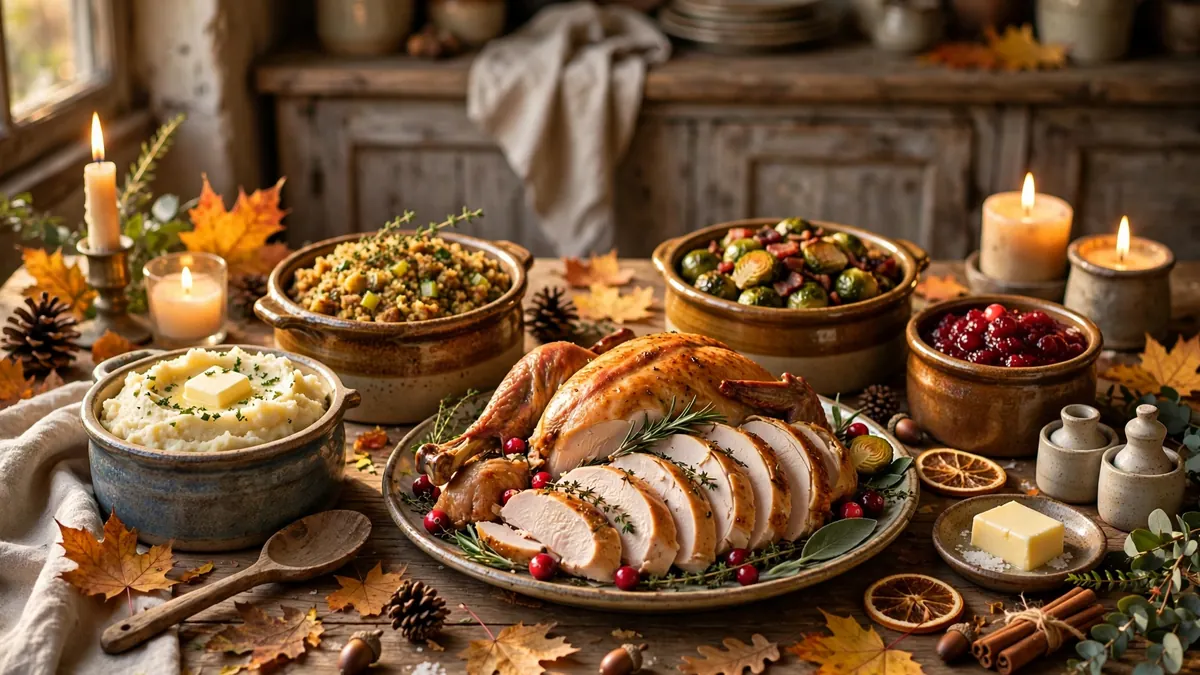 A beautifully set Thanksgiving table with slow cookers of side dishes alongside a carved turkey ready to serve
