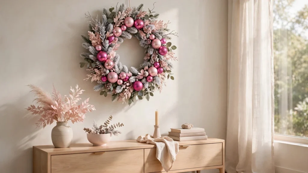 Pink Christmas Decor Ideas for a Soft, Elegant Holiday Home 2 Pink Christmas wreath with frosted greenery, blush baubles and a velvet bow