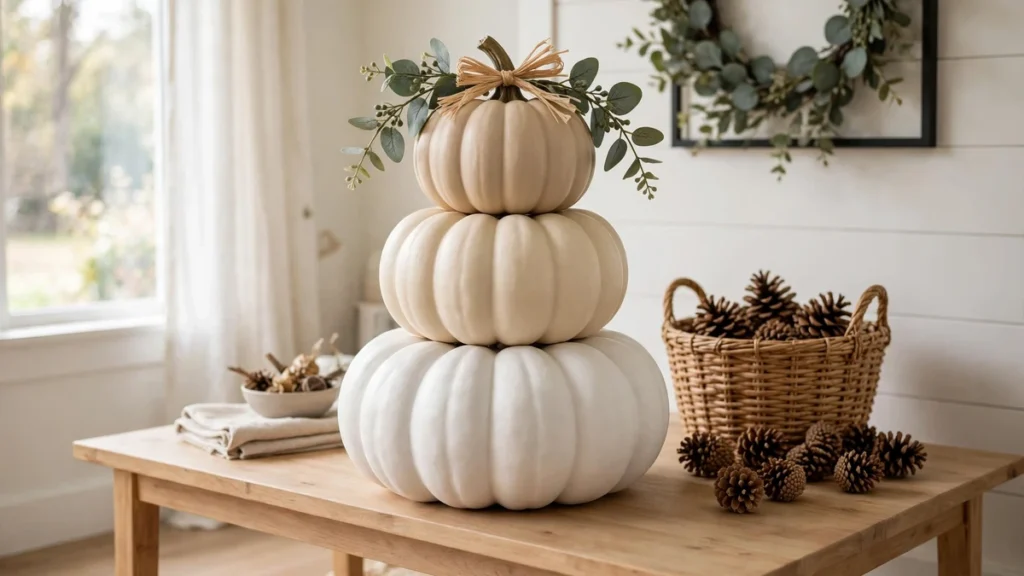 5 Dollar Tree Stacking Pumpkins Ideas for Beautiful Fall Decor 2 Neutral diy stacked pumpkins in white, cream and beige with eucalyptus and a raffia bow on an entryway console table
