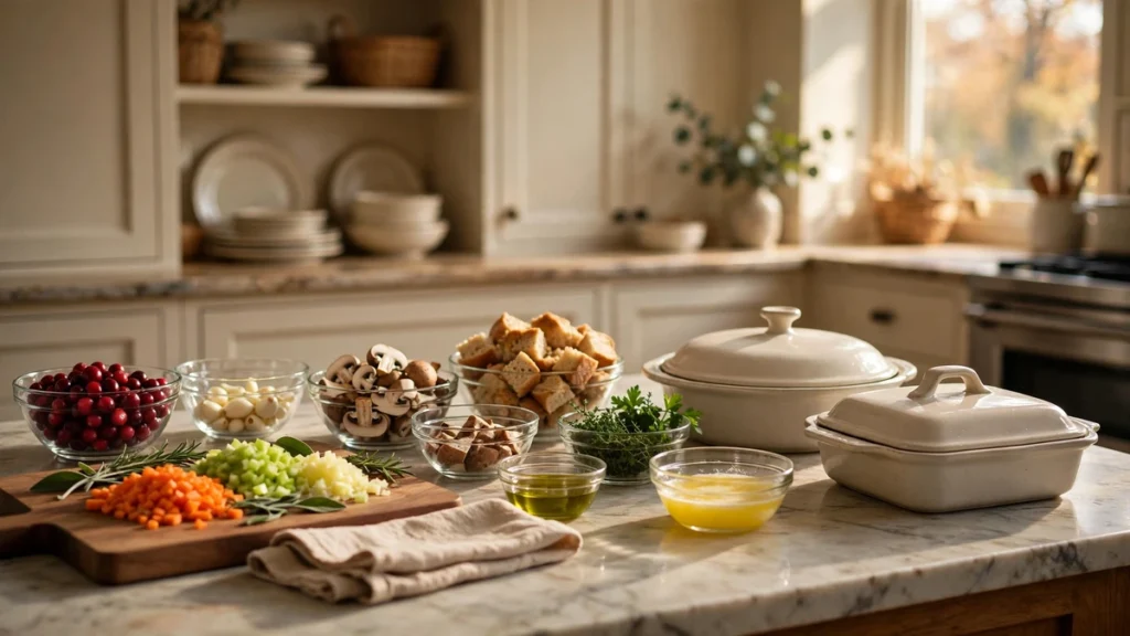 Make Ahead Thanksgiving Side Dishes: 6 Recipes for a Calmer Holiday 2 Kitchen counter prepped for cooking with Thanksgiving ingredients arranged in glass bowls
