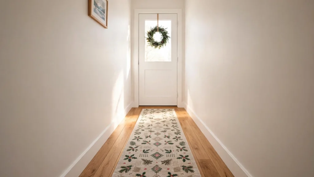 Christmas Entryway Decor Ideas for Small Spaces 2 Clear walkway in a small Christmas entryway with a festive runner rug and an open path to the front door