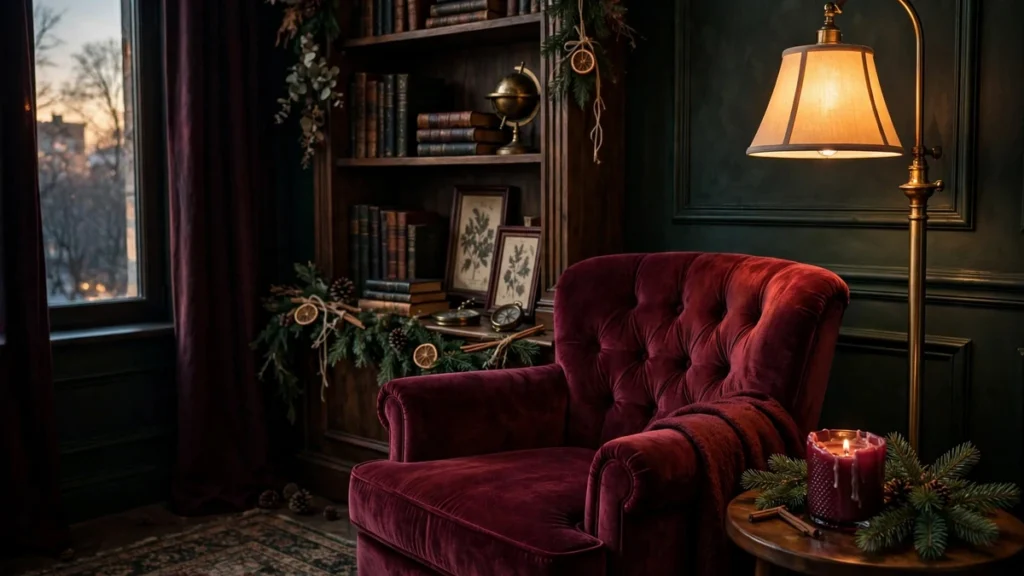 Burgundy velvet armchair in a cosy corner with Christmas cushions and warm lighting
