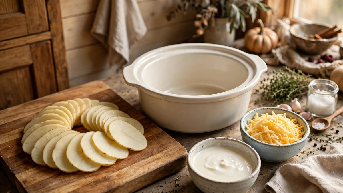 Morning potato prep beside a slow cooker, with peeled potatoes ready for scalloped potatoes
