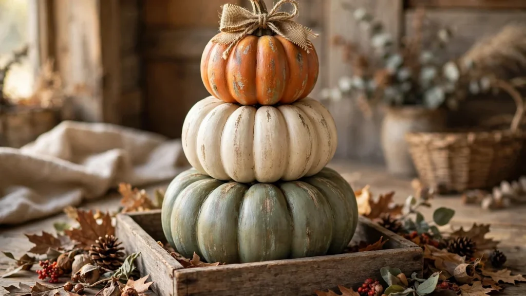 5 Dollar Tree Stacking Pumpkins Ideas for Beautiful Fall Decor 3 Rustic farmhouse dollar tree pumpkin tower in a weathered wooden crate with burlap, twine, pinecones and fall leaves