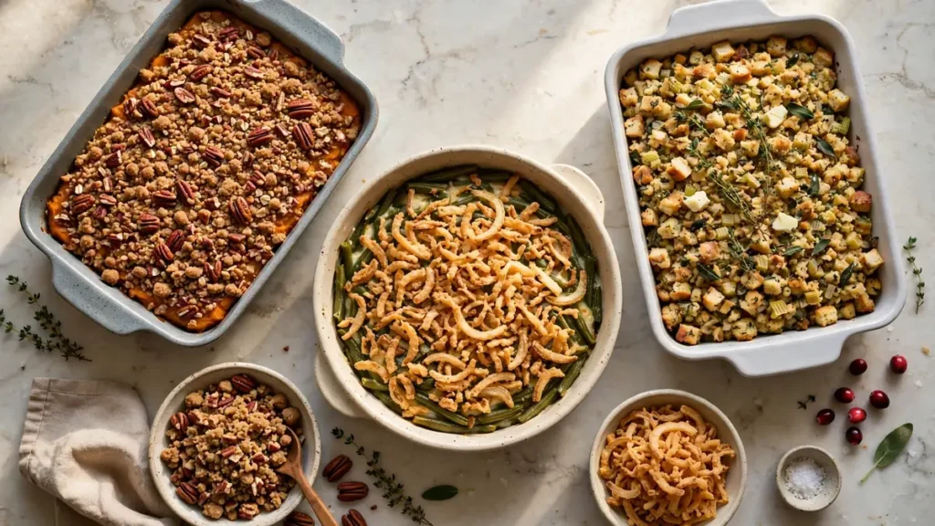 Make Ahead Thanksgiving Side Dishes: 6 Recipes for a Calmer Holiday 3 Overhead view of Thanksgiving casseroles with golden toppings in baking dishes