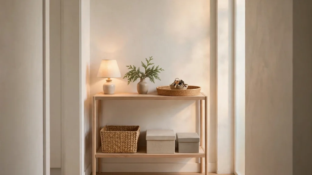 Christmas Entryway Decor Ideas for Small Spaces 3 Narrow console table in a small Christmas entryway styled with a table lamp and a bowl for keys