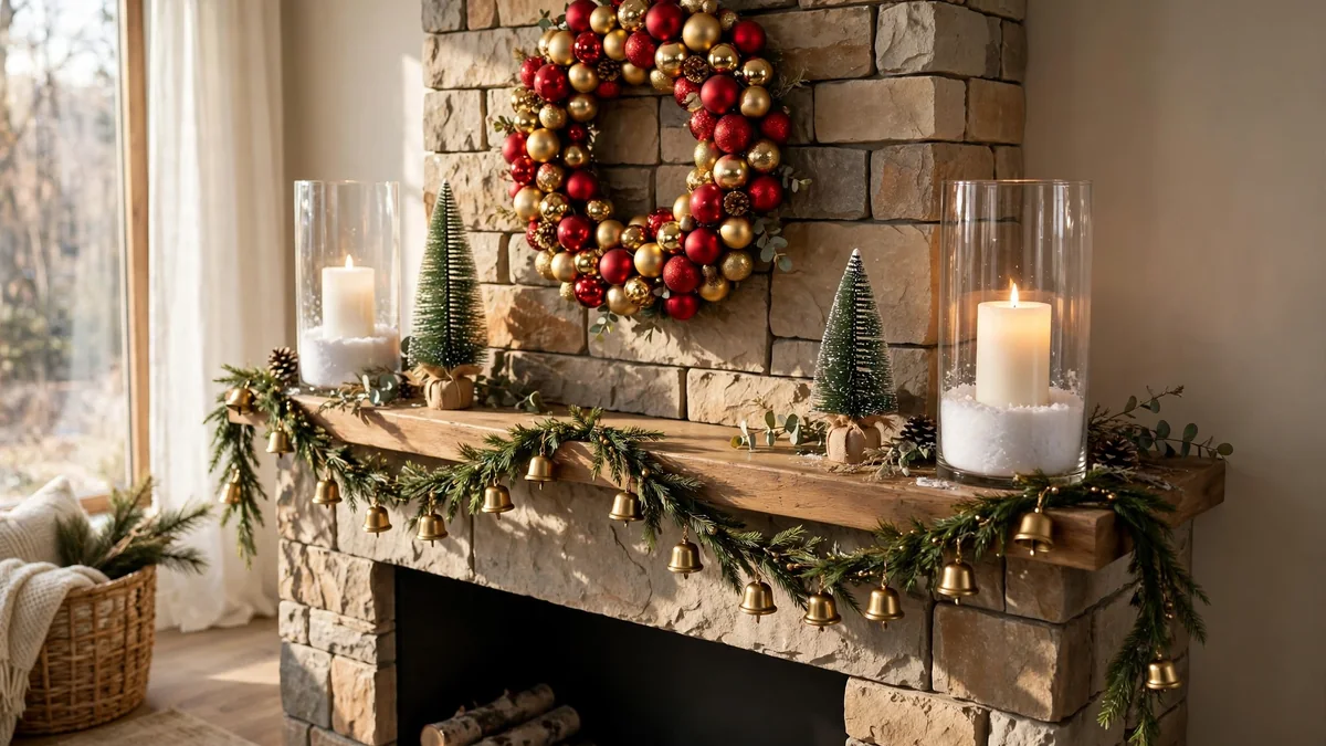 Styled Christmas mantel with an ornament wreath, snow lanterns, garland and mini trees