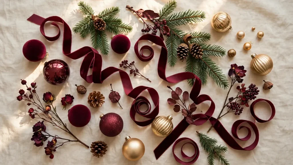 Flat lay of burgundy and champagne-gold Christmas ornaments with greenery