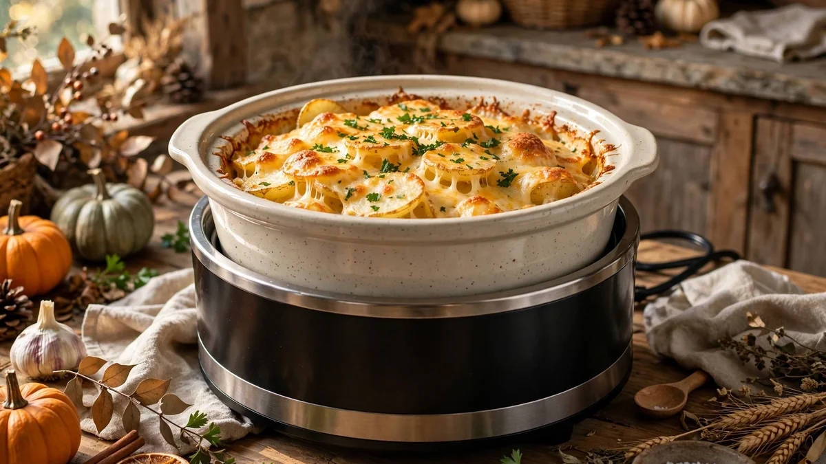 Golden scalloped potatoes with a creamy cheesy top, baked in a slow cooker