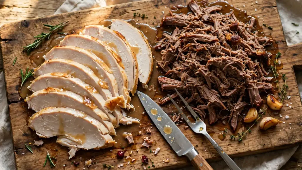 Carved turkey breast slices next to shredded dark meat on a cutting board