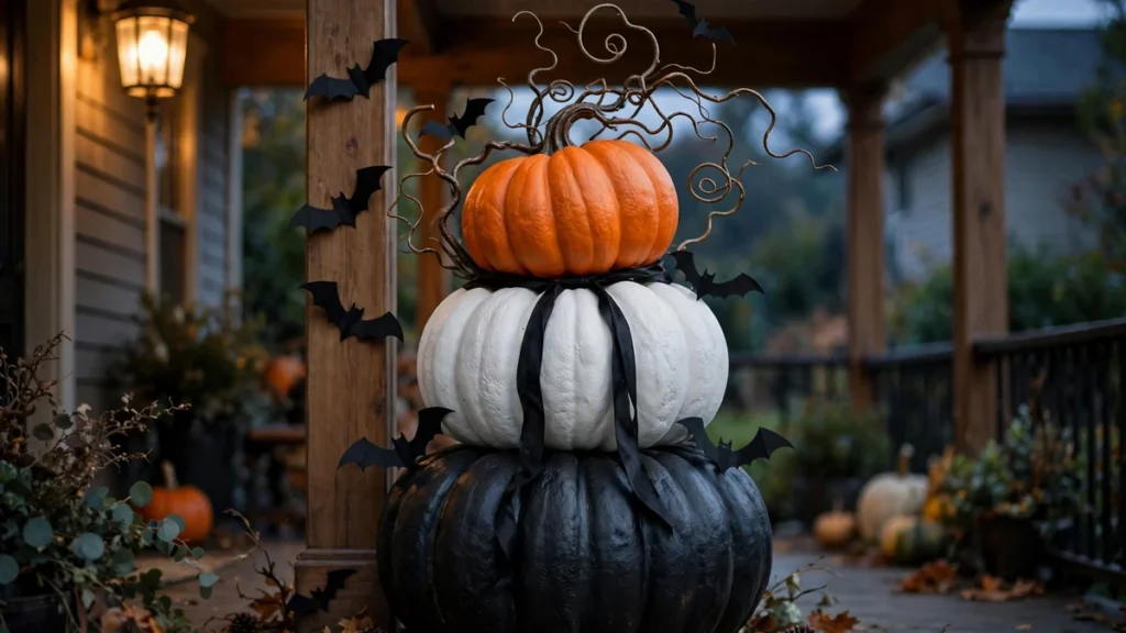 5 Dollar Tree Stacking Pumpkins Ideas for Beautiful Fall Decor 4 Halloween dollar tree stacking pumpkins in black, white and orange with bat silhouettes on a covered porch at dusk