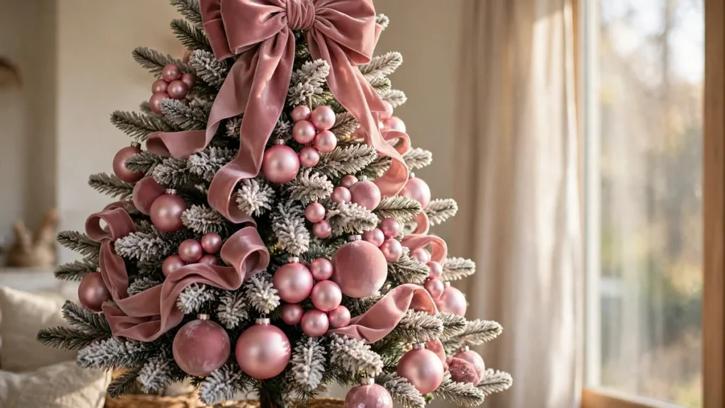 Pink Christmas Decor Ideas for a Soft, Elegant Holiday Home 4 Flocked Christmas tree with pink velvet ribbon, blush ornaments and warm lights