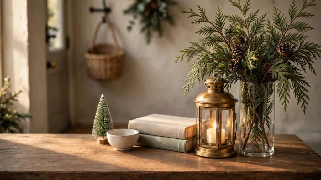 Christmas Entryway Decor Ideas for Small Spaces 4 Layered console table vignette with tall cedar branches, a medium lantern and a low bowl grouped in threes