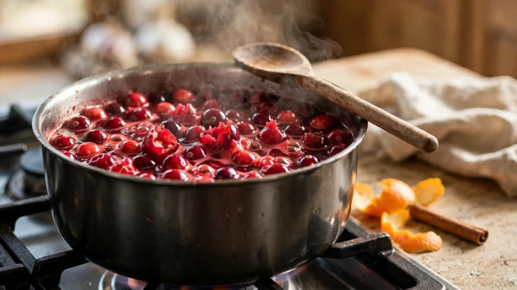 Saucepan of cranberries simmering on the stove as they burst