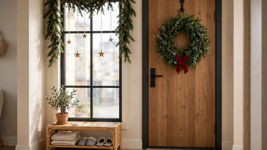 Christmas wreath on an apartment door with garland framing a nearby window