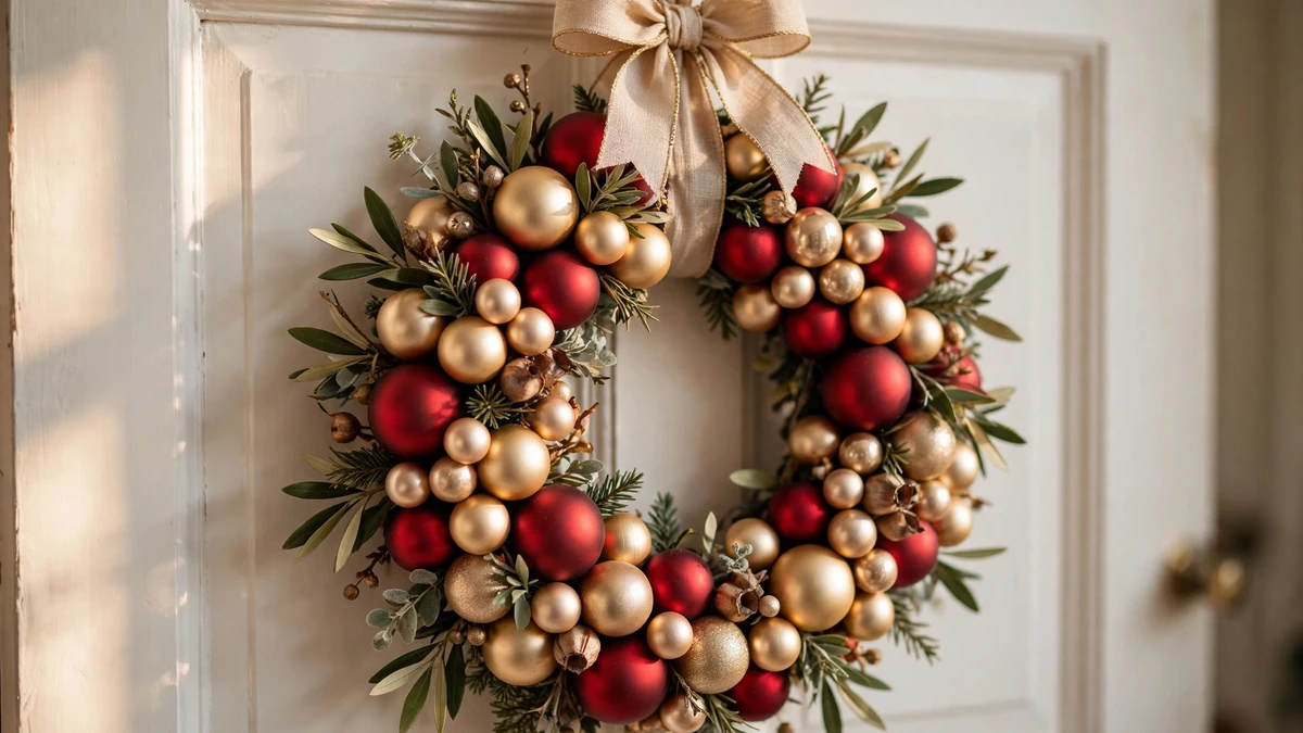 Handmade ornament wreath close-up made from red, gold and silver baubles with pinecone accents