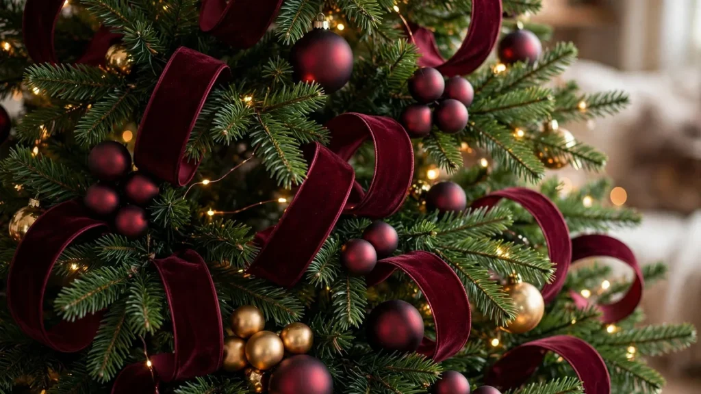 Close-up of a Christmas tree decorated with burgundy velvet ribbon and baubles
