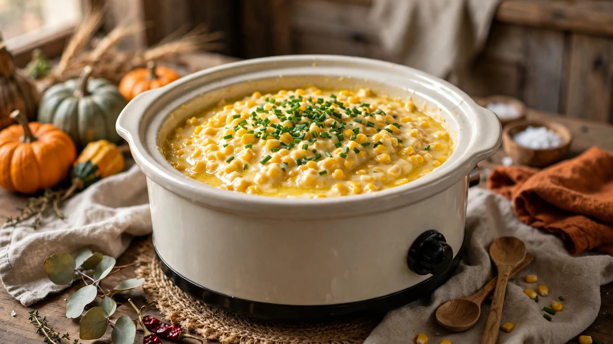 Creamy creamed corn in a slow cooker topped with fresh chives