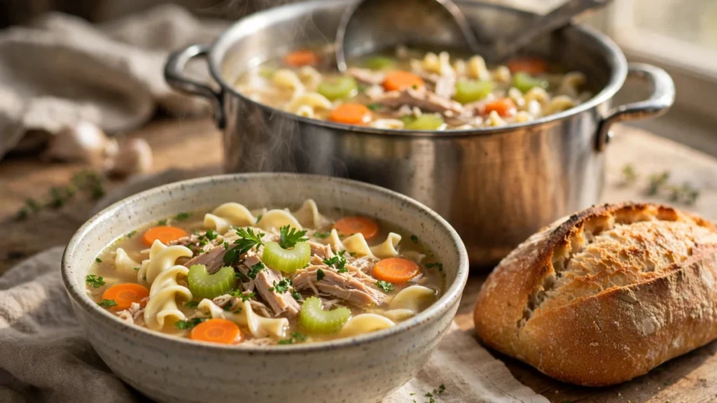 Turkey noodle soup with carrots, celery and egg noodles