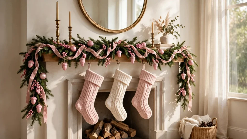 Pink Christmas Decor Ideas for a Soft, Elegant Holiday Home 5 Pink Christmas decor ideas shown in a mantel garland with stockings and blush accents