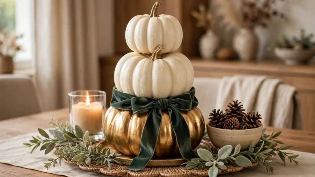 5 Dollar Tree Stacking Pumpkins Ideas for Beautiful Fall Decor 5 Elegant gold and cream stacked pumpkins centerpiece on a dining table tray with a velvet bow and candle
