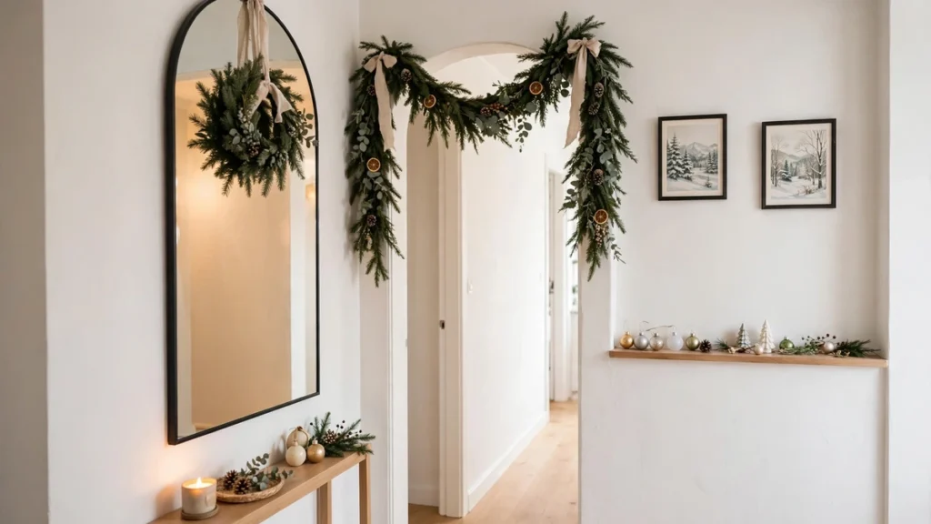 Christmas Entryway Decor Ideas for Small Spaces 5 Round mirror dressed with a Christmas wreath and cedar garland over an entryway doorway