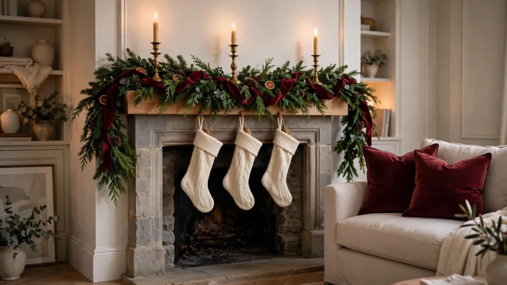 Mantel garland with burgundy ribbon, greenery and brass candlesticks