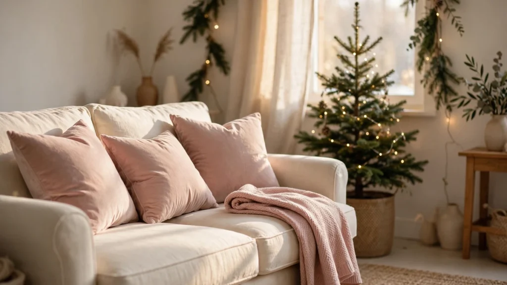 Pink Christmas Decor Ideas for a Soft, Elegant Holiday Home 6 Cream sofa with blush pink pillows and a soft throw for a pink Christmas living room