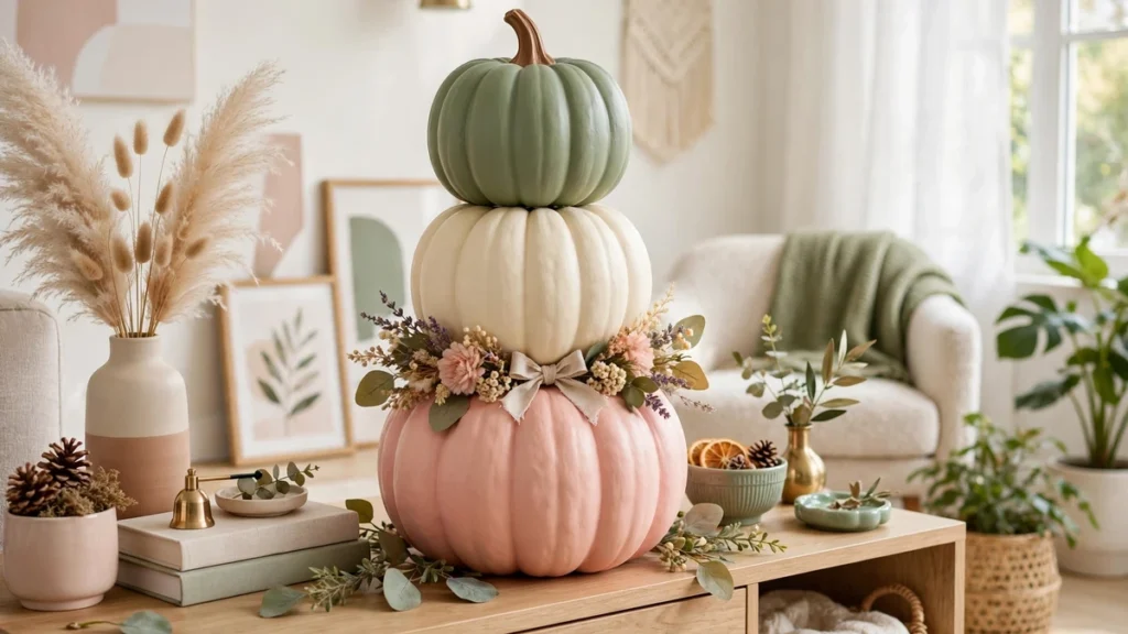 5 Dollar Tree Stacking Pumpkins Ideas for Beautiful Fall Decor 6 Colourful diy stacked pumpkins in blush pink, cream and sage green on a sideboard in a bright modern living room