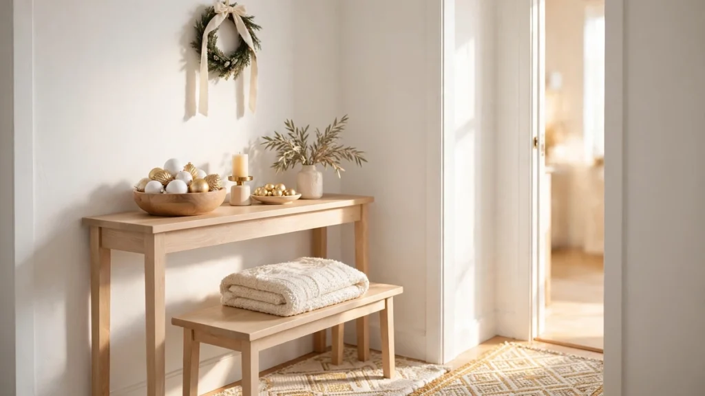 Christmas Entryway Decor Ideas for Small Spaces 6 Winter white and soft gold Christmas styling on a small entryway console table with natural wood accents