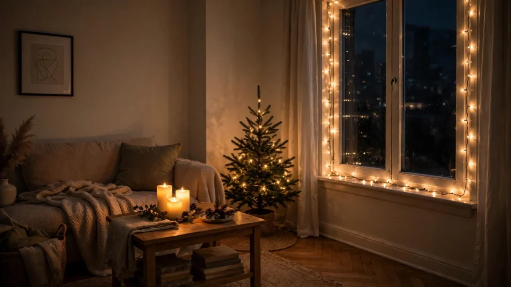 Small living room in the evening glowing with fairy lights, candles and a decorated Christmas tree