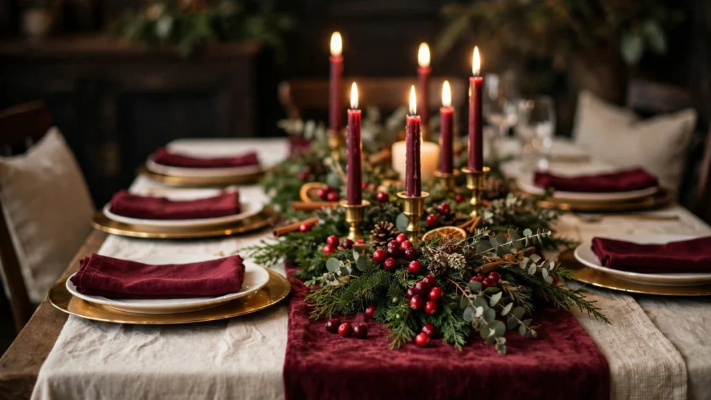 Burgundy Christmas tablescape with taper candles, gold chargers and elegant place settings
