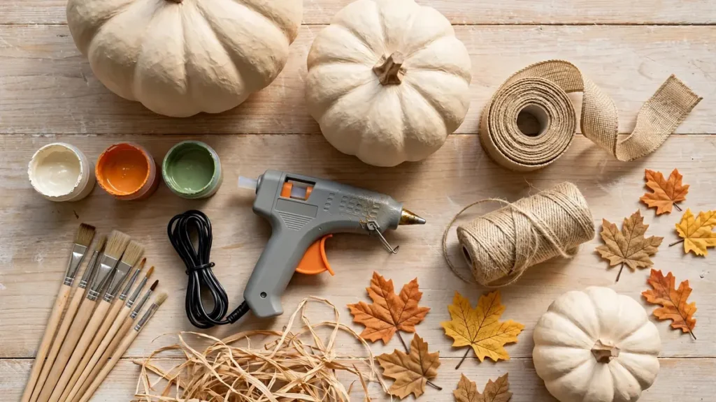 5 Dollar Tree Stacking Pumpkins Ideas for Beautiful Fall Decor 7 Flat lay of supplies for dollar tree stacking pumpkins ideas — faux pumpkins, acrylic paints, brushes, a hot glue gun, burlap ribbon and faux leaves