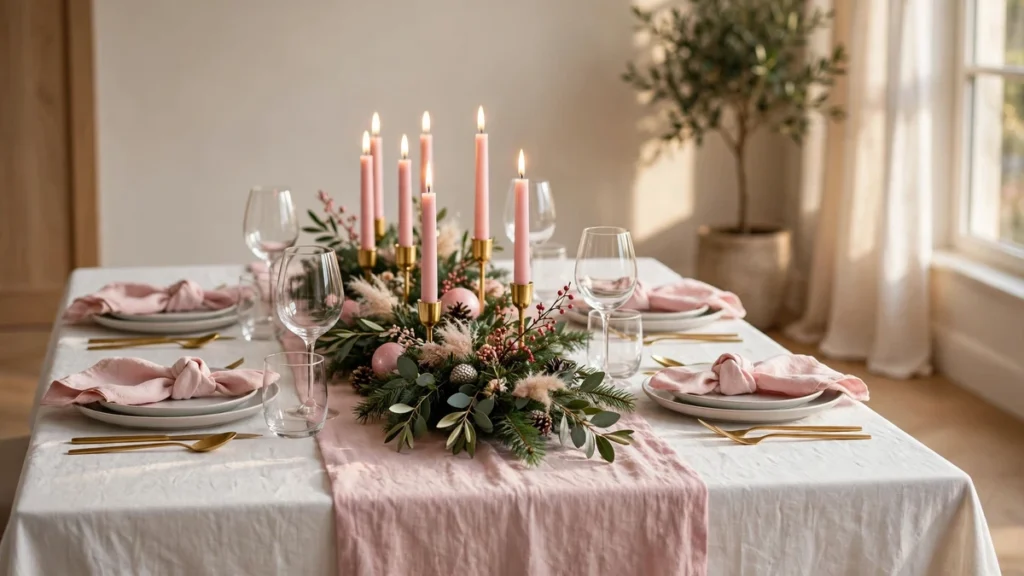 Pink Christmas Decor Ideas for a Soft, Elegant Holiday Home 7 Pink Christmas decor ideas for a tablescape with taper candles and gold accents