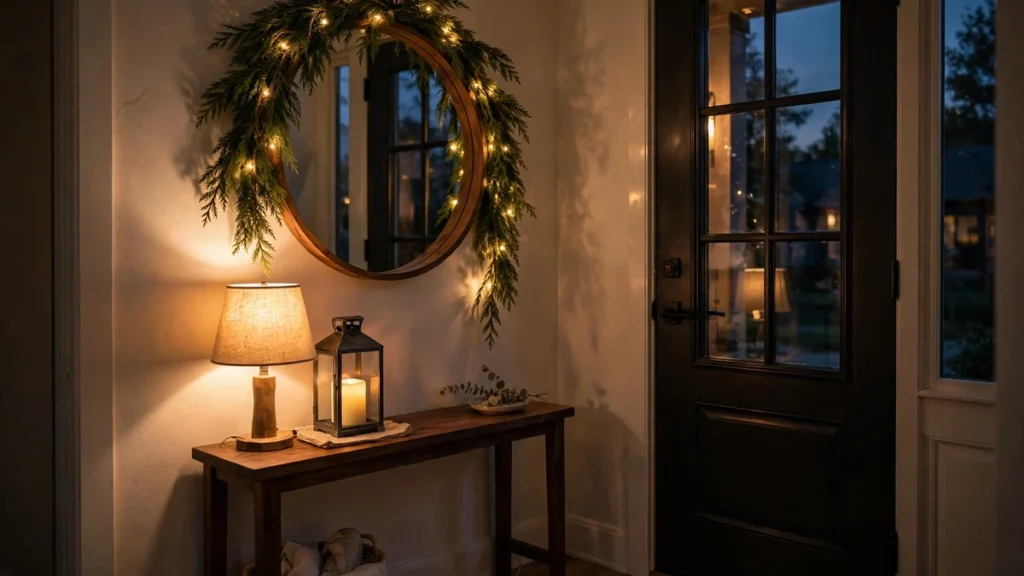 Christmas Entryway Decor Ideas for Small Spaces 7 Small entryway at dusk glowing with a brass lantern, warm fairy lights and cedar garland