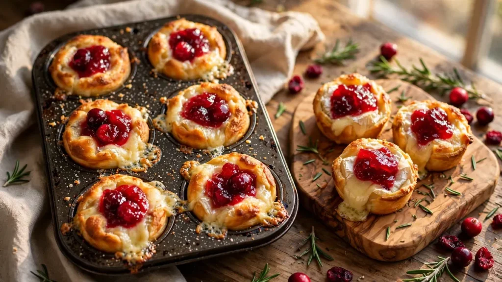 Cranberry brie bites topped with cranberry sauce on a platter
