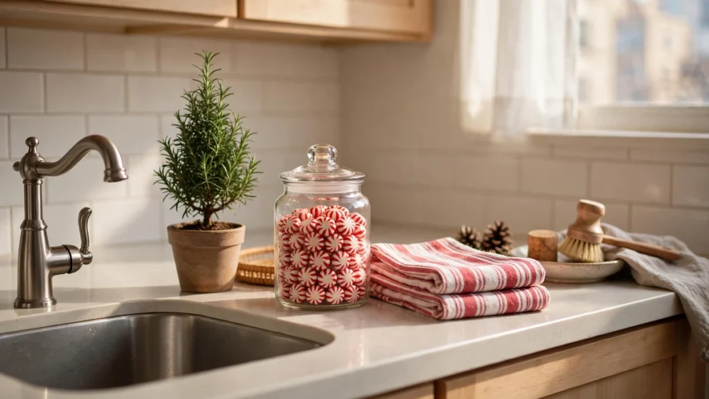 Kitchen counter with mini Christmas touches including a small tree, festive towels and a jar of sweets