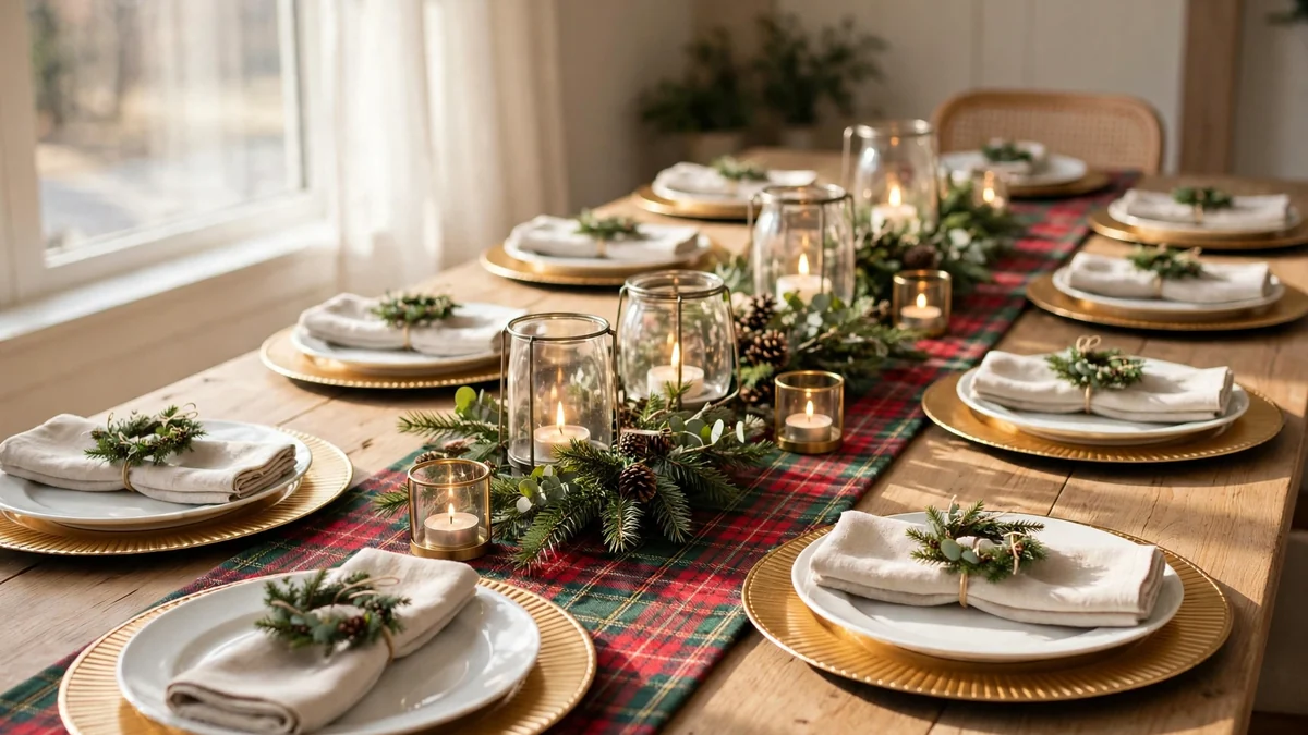 Christmas table setting with gold chargers, greenery and mini wreath napkin rings