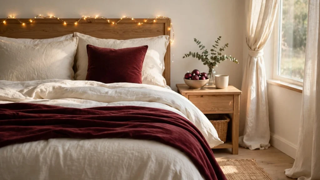Bedroom decorated for Christmas with a burgundy throw, white bedding and fairy lights